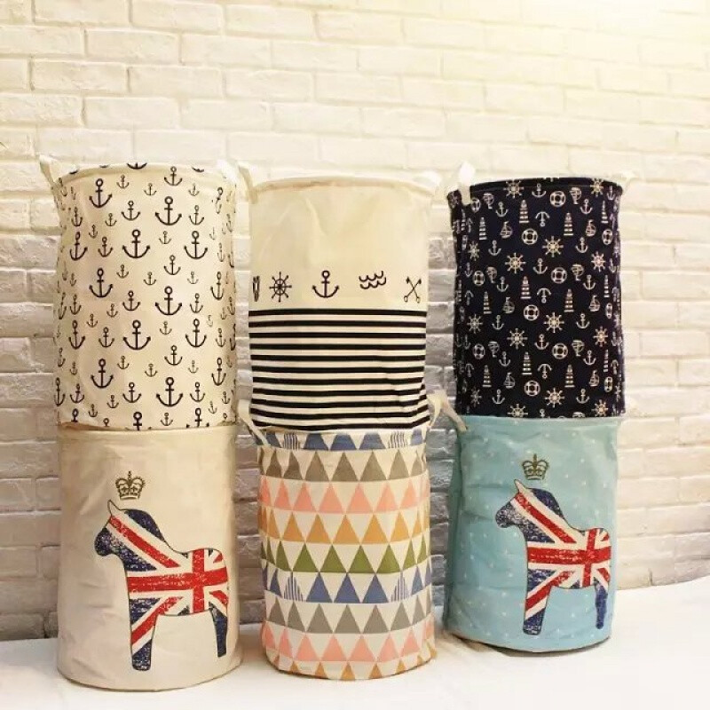 日系田园卡通猫咪帆布束口脏衣篮 黑底船锚款的家居收纳美学